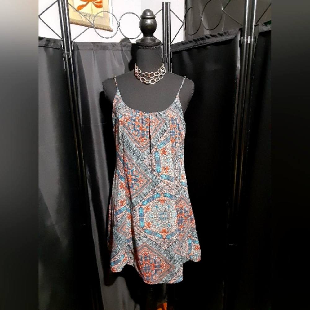 City Triangles Blue Red Abstract Mini Slip DressTunic Spaghetti Straps Ladies S